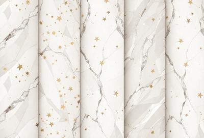 The primary subject of the image is a marble wall with a pattern of stars on it. The setting is a room with a white marble wall, and the visual style is a combination of photo and digital art. The dominant colors are white and gold, creating a luxurious and elegant atmosphere.
