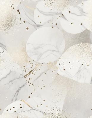 The primary subject of the image is a marble surface with gold stars and circles scattered across it. The setting is a white marble countertop, and the visual style is a combination of digital art and illustration. The dominant colors are white and gold, creating a luxurious and elegant atmosphere.