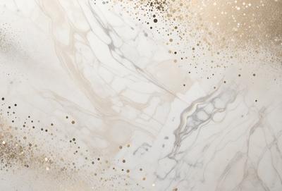 The primary subject of the image is a marble countertop with a gold and white pattern. The setting is a kitchen, and the visual style is a combination of photo and digital art. The dominant colors are gold and white, creating a warm and elegant atmosphere.
