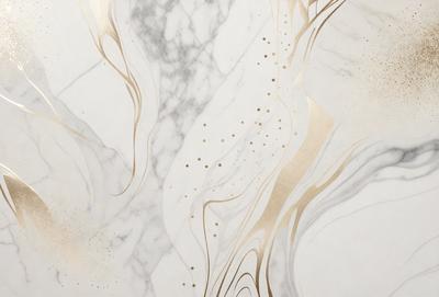 The primary subject of the image is a marble wall with a gold pattern. The setting is a room with a white marble wall, and the visual style is a combination of photo and digital art. The dominant colors are white and gold, creating a luxurious and elegant atmosphere.