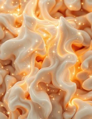 The primary subject of the image is a close-up of a white, shiny, and sparkly substance, possibly a piece of cake or a frosting. The setting is a brightly lit environment, possibly a kitchen or a dining area. The visual style appears to be a combination of a photo and digital art, as the close-up of the substance is captured with a focus on its texture and sparkles. The colors and mood of the image are predominantly white and bright, creating a sense of