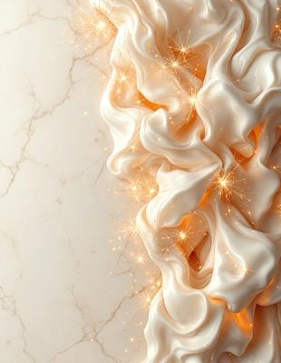 The primary subject of the image is a white, flowing, and sparkling sculpture or artwork. The setting is a marble surface, which adds to the overall visual style. The artwork appears to be a digital creation, as it has a unique and intricate design. The colors and mood of the image are predominantly white, with a touch of sparkling lights, creating a sense of elegance and sophistication.