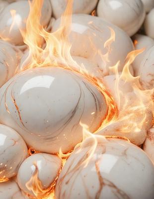 The primary subject of the image is a white egg, which is surrounded by a fire. The setting is a fireplace, and the visual style is a photo. The dominant colors are white and orange, creating a warm and intense atmosphere.