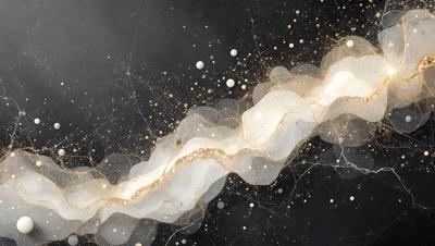 The primary subject of the image is a swirling, golden, and white pattern. The setting is a black background, which contrasts with the vibrant colors of the pattern. The visual style appears to be a combination of digital art and illustration, creating a dynamic and eye-catching scene. The dominant colors are gold, white, and black, giving the image a warm and luminous atmosphere.