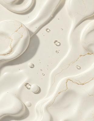 The primary subject of the image is a white marble surface with water droplets on it. The setting is a bathroom, and the visual style is a photo. The dominant colors are white and gold, creating a clean and elegant atmosphere.