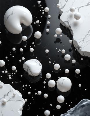 The primary subject of the image is a collection of white and black spheres floating in a black background. The setting appears to be a dark, moody environment, possibly a space or an underwater scene. The visual style of the image is a combination of photo and digital art, creating a unique and intriguing composition. The colors and mood of the image are predominantly dark and mysterious, with the white spheres providing a contrasting and eye-catching element.