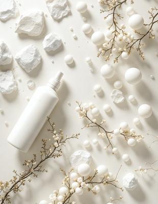 The primary subject of the image is a bottle of lotion placed on a white surface. The setting is a white background, and the visual style appears to be a photo. The colors in the image are predominantly white, giving it a clean and minimalist appearance. The overall mood of the image is calm and serene.