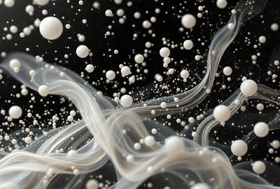 The primary subject of the image is a swirling, flowing mass of white bubbles or smoke, which appears to be a digital art or illustration. The setting is a dark background, which contrasts with the white bubbles, creating a striking visual effect. The visual style is a combination of digital art and illustration, with the bubbles or smoke taking on a more fluid and dynamic form. The colors and mood of the image are predominantly white, giving it a clean and fresh appearance.