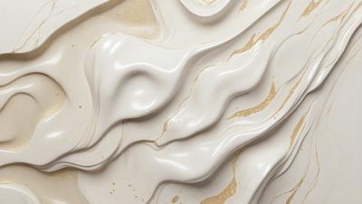 The primary subject of the image is a close-up of a white and gold swirl pattern. The setting is a white background, and the visual style appears to be a combination of photo and digital art. The dominant colors are white and gold, creating a luxurious and elegant atmosphere.