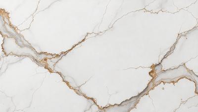 The image features a white marble surface with a gold-colored vein running through it. The marble appears to be cracked, giving it a unique and natural appearance. The gold vein adds a touch of elegance and sophistication to the overall design. The white marble surface provides a clean and minimalist backdrop for the gold vein, creating a visually striking contrast.