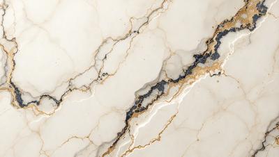 The primary subject of the image is a marble countertop with a gold and black pattern. The setting is a kitchen, and the visual style is a close-up of the marble countertop. The colors and mood of the image are predominantly gold and black, creating a luxurious and elegant atmosphere.