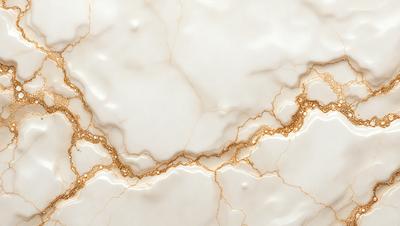 The primary subject of the image is a marble countertop with a gold-colored line running through it. The setting is a kitchen, and the visual style is a close-up of the marble countertop. The colors and mood of the image are warm and elegant, with the gold line adding a touch of luxury to the marble surface.