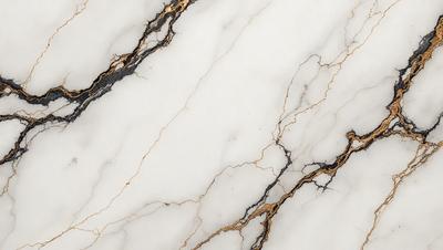The primary subject of the image is a marble countertop with a gold-colored vein running through it. The setting is a kitchen, and the visual style is a close-up of the marble countertop. The colors and mood of the image are predominantly white and gold, giving it a luxurious and elegant appearance.