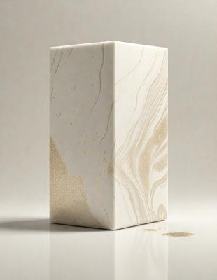 The primary subject of the image is a white box with gold accents. The box is placed on a white surface, which serves as the background. The visual style of the image is a combination of photo and digital art, creating a unique and eye-catching design. The dominant colors in the image are white and gold, giving the box a luxurious and elegant appearance.
