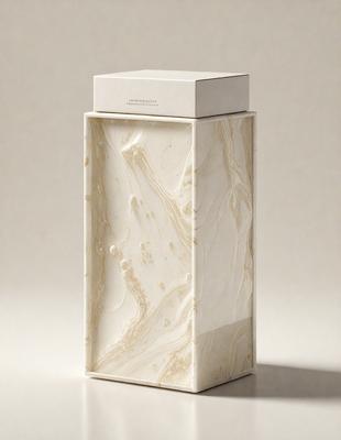 The primary subject of the image is a white marble box. The setting is a white background, which provides a clean and minimalist appearance. The visual style is a close-up of the marble box, showcasing its texture and details. The colors and mood of the image are predominantly white, giving it a clean and elegant appearance.