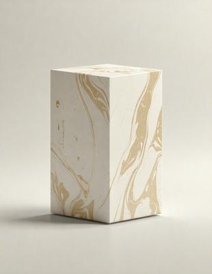 The primary subject of the image is a square box with a marbled texture. The box is placed on a white surface, which serves as the setting or background. The visual style of the image is a combination of photo and digital art, creating a unique and intricate design. The dominant colors in the image are white and gold, giving the box a luxurious and elegant appearance.