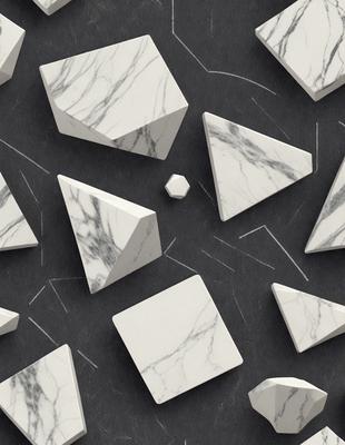 The primary subject of the image is a collection of white marble cubes. The setting is a black background, which contrasts with the white marble cubes. The visual style is a close-up of the marble cubes, showcasing their intricate details. The colors and mood of the image are predominantly black and white, giving it a clean and minimalist appearance.