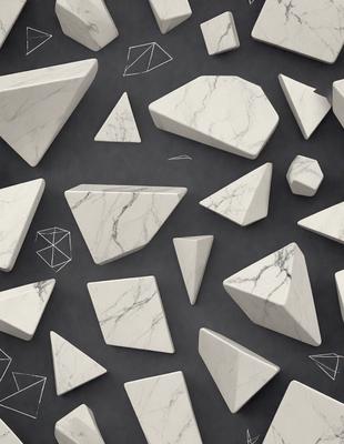 The primary subject of the image is a collection of white marble shapes, including triangles and other geometric forms. These shapes are arranged in a pattern, covering the entire image. The setting is a black background, which contrasts with the white marble shapes, creating a visually striking composition. The visual style is a combination of digital art and illustration, as the shapes are carefully arranged and the overall composition is well-executed. The colors and mood of the image are predominantly white and black, giving it a clean and