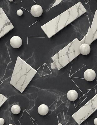 The primary subject of the image is a collection of white marble balls and triangles. The setting is a black background, which contrasts with the white marble. The visual style is a combination of photo and digital art, creating a unique and artistic representation of the marble balls and triangles. The colors and mood of the image are predominantly black and white, giving it a modern and minimalist appearance.