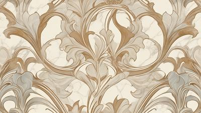 The primary subject of the image is a decorative design featuring a gold and white color scheme. The design is likely a marble or stone pattern, with a focus on the intricate details of the floral elements. The setting is a marble or stone surface, which adds to the luxurious and elegant atmosphere of the design. The visual style of the image is a combination of artistic elements, such as the floral patterns and the gold and white color palette, creating a unique and visually appealing piece.