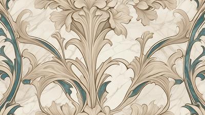 The primary subject of the image is a decorative design featuring a white and blue color scheme. The design is likely a wallpaper or a patterned fabric, as it is described as a "patterned fabric" and a "wallpaper." The setting is a marble surface, which adds to the elegant and sophisticated atmosphere of the design. The visual style of the image is a close-up, allowing the viewer to appreciate the intricate details of the pattern. The colors and mood of the image are predominantly