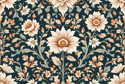 The primary subject of the image is a floral pattern, featuring a variety of flowers in different colors. The setting is a blue background, which adds a contrasting element to the overall design. The visual style appears to be a combination of a photo and a digital art, as it captures the intricate details of the flowers while maintaining a modern and artistic appearance. The colors and mood of the image are vibrant and lively, with the flowers providing a sense of freshness and natural beauty.