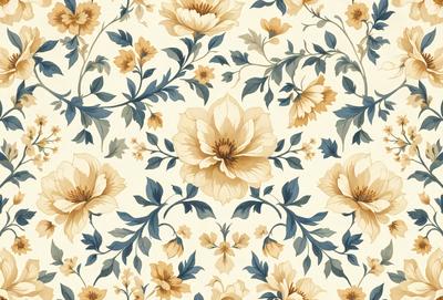 The primary subject of the image is a floral pattern, featuring a variety of flowers in different colors. The setting is a wall, and the visual style appears to be a combination of a photo and a digital art or illustration. The dominant colors in the image are yellow, blue, and orange, creating a warm and vibrant atmosphere.