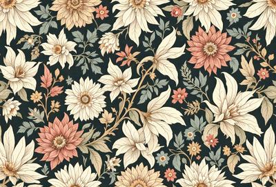 The primary subject of the image is a floral pattern, featuring a variety of flowers and leaves. The setting is a black and white background, which adds a classic and elegant touch to the design. The visual style is a combination of digital art and illustration, creating a detailed and intricate pattern. The dominant colors are white and black, giving the pattern a clean and timeless appearance. The overall atmosphere is one of beauty and sophistication.