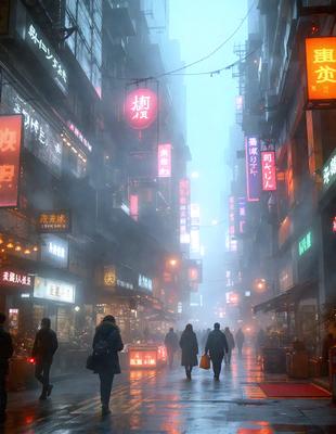 The primary subject of the image is a group of people walking down a rain-soaked city street. The setting is a bustling urban environment with tall buildings and neon signs, creating a lively atmosphere. The visual style is a combination of photo and digital art, giving the scene a realistic yet artistic appearance. The colors and mood are predominantly dark and moody, with the rain and city lights creating a dramatic ambiance.