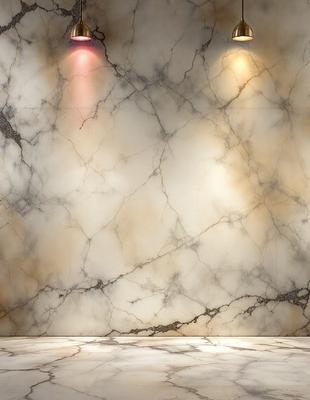 The primary subject of the image is a marble wall with a yellowish hue. The setting is a room with a white marble floor. The visual style is a photo, and the colors and mood are predominantly white and neutral, giving the room a clean and elegant appearance.
