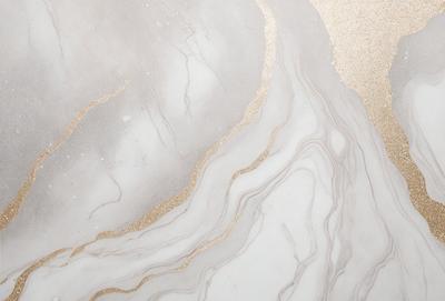 The primary subject of the image is a marble-like surface with a gold-like pattern. The setting is a white background, and the visual style appears to be a combination of a photo and digital art. The colors and mood of the image are predominantly white and gold, creating a luxurious and elegant atmosphere.