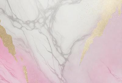 The primary subject of the image is a marble countertop with a pink and gold pattern. The setting is a bathroom, and the visual style is a combination of photo and digital art. The dominant colors are pink and gold, creating a warm and luxurious atmosphere.