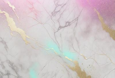 The primary subject of the image is a marble countertop with a gold-colored design. The setting is a kitchen, and the visual style is a combination of photo and digital art. The countertop features a gold-colored design, and the overall atmosphere is elegant and sophisticated.