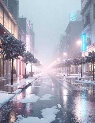 The primary subject of the image is a snowy city street at night. The setting is a city street with buildings and trees lining the sidewalk. The visual style is a photo, capturing the nighttime atmosphere of the city. The colors and mood are predominantly dark and cold, with the snow and nighttime lighting creating a sense of mystery and solitude.