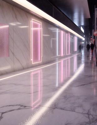The primary subject of the image is a long, narrow hallway with a reflective surface. The setting is a marble-covered hallway, and the visual style appears to be a combination of photo and digital art. The colors and mood of the image are predominantly pink and white, creating a bright and vibrant atmosphere.