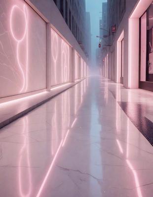 The primary subject of the image is a long, narrow hallway with a reflective surface. The setting is a city street, and the visual style is a photo. The colors and mood of the image are predominantly pink, creating a warm and inviting atmosphere.