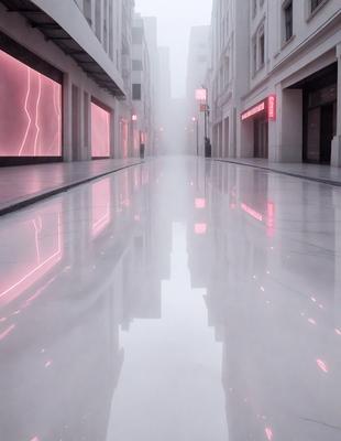 The primary subject of the image is a city street with a reflective surface, likely a wet street or a reflective surface like a puddle or a mirror. The setting is a city environment, with buildings and possibly a store visible in the background. The visual style appears to be a photo, as it captures the city street and its surroundings. The colors and mood of the image are predominantly dark, with the street and buildings reflecting the city's atmosphere.
