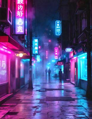 The image depicts a group of people walking down a street at night, with a neon-lit atmosphere. The street is lined with various shops and businesses, creating a lively urban environment. The people are walking in front of these shops, possibly exploring the area or visiting the establishments. The scene is captured in a black and white style, which adds a sense of nostalgia and timelessness to the image.
