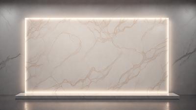The primary subject of the image is a marble wall with a patterned design. The setting is a room with a white wall, and the visual style appears to be a photo. The colors and mood of the image are predominantly white, giving it a clean and elegant appearance.