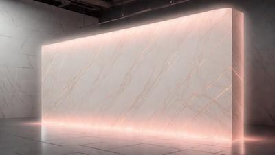 The primary subject of the image is a large, white marble wall. The setting is a room with a long, narrow shape. The visual style is a photo, and the colors and mood are predominantly white, giving the room a clean and minimalist appearance.