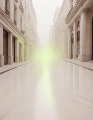 The primary subject of the image is a bright green light, which appears to be a neon sign or a light source. The setting is a city street with tall buildings in the background. The visual style is a combination of a photo and digital art, creating a unique and eye-catching effect. The colors and mood of the image are predominantly green, with a slightly surreal and futuristic atmosphere.
