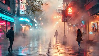 The primary subject of the image is a person walking down a street at night. The setting is a city street with a few other people walking around. The visual style is a photo, and the colors and mood are dark and moody, with the street and people being illuminated by streetlights.