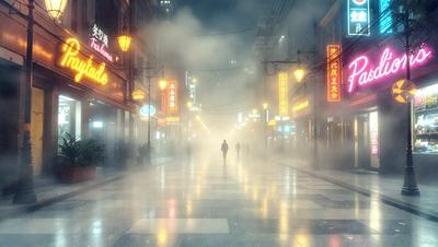 The primary subject of the image is a man walking down a city street at night. The setting is a city street with buildings and streetlights, creating a dark and moody atmosphere. The visual style is a digital art or illustration, as the man appears to be walking through a foggy, rain-soaked environment. The colors and mood are predominantly dark, with the man being the only visible figure in the scene.