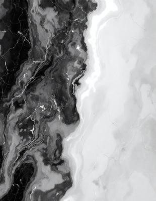 The primary subject of the image is a black and white marble pattern. The setting is a white marble surface, which serves as the background. The visual style is a close-up of the marble pattern, showcasing its intricate details. The colors and mood of the image are predominantly black and white, giving it a classic and elegant appearance.