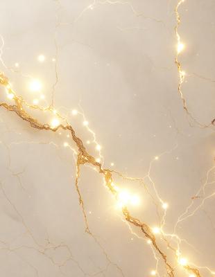 The primary subject of the image is a close-up of a marble wall with a gold-like texture. The setting is a room with a white background. The visual style is a photo, and the colors and mood are predominantly white and gold, creating a warm and luxurious atmosphere.