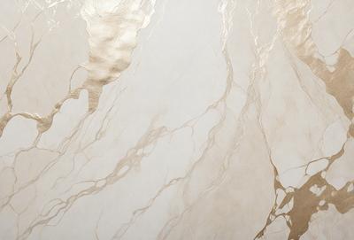 The primary subject of the image is a marble wall with a gold-colored design. The setting is a room with a white background, and the visual style appears to be a combination of a photo and digital art. The dominant colors are gold and white, creating a luxurious and elegant atmosphere.