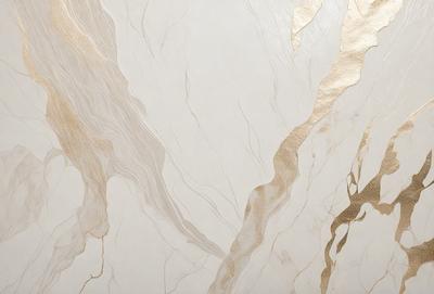 The primary subject of the image is a marble wall with a gold-colored design. The setting is a room with a white background. The visual style is a combination of a photo and digital art, creating a unique and intricate pattern. The colors and mood of the image are predominantly white and gold, giving it a luxurious and elegant appearance.