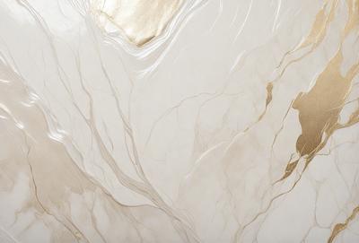The primary subject of the image is a marble-like surface with a gold-like pattern. The setting is a white background, and the visual style appears to be a combination of a photo and digital art. The colors and mood of the image are predominantly white and gold, creating a sense of elegance and sophistication.
