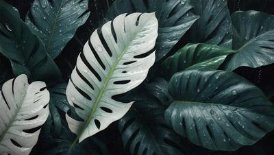 The primary subject of the image is a large white leaf with water droplets on it, which is placed in a green environment. The leaf is the main focus of the image, and it appears to be a real photograph of the leaf. The setting is a lush green forest, and the visual style is a close-up of the leaf. The colors in the image are predominantly green and white, creating a serene and natural atmosphere.