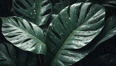 The primary subject of the image is a large green leaf with water droplets on it. The leaf is prominently displayed in the foreground, and the setting appears to be a rainy environment. The visual style of the image is a close-up of the leaf, showcasing its details and texture. The colors in the image are predominantly green, with the water droplets adding a touch of blue. The overall atmosphere of the image is serene and peaceful, as the leaf stands tall in the rain.